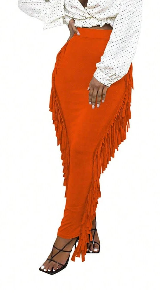 Orange Bodycon Maxi Tassel Fringe Skirt - M/L