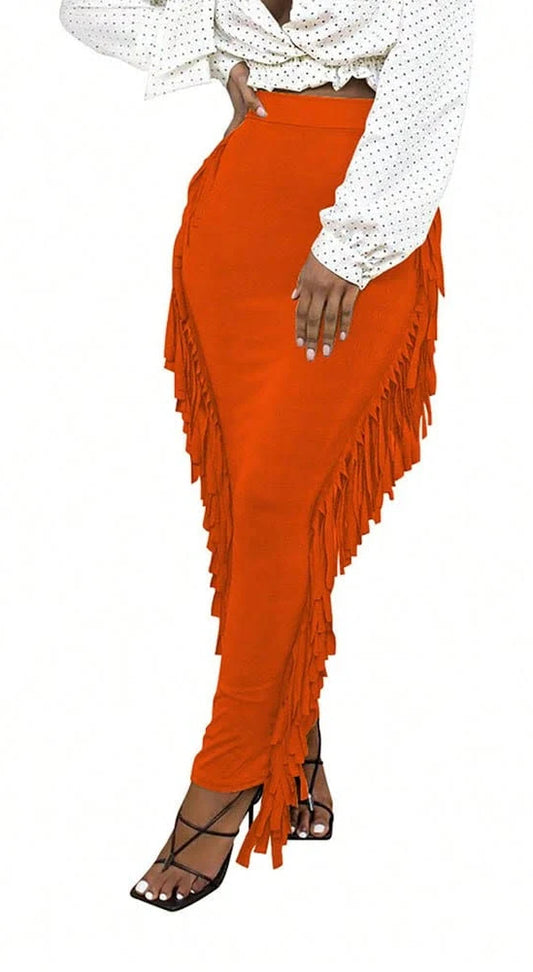 Orange Bodycon Maxi Tassel Fringe Skirt - M/L