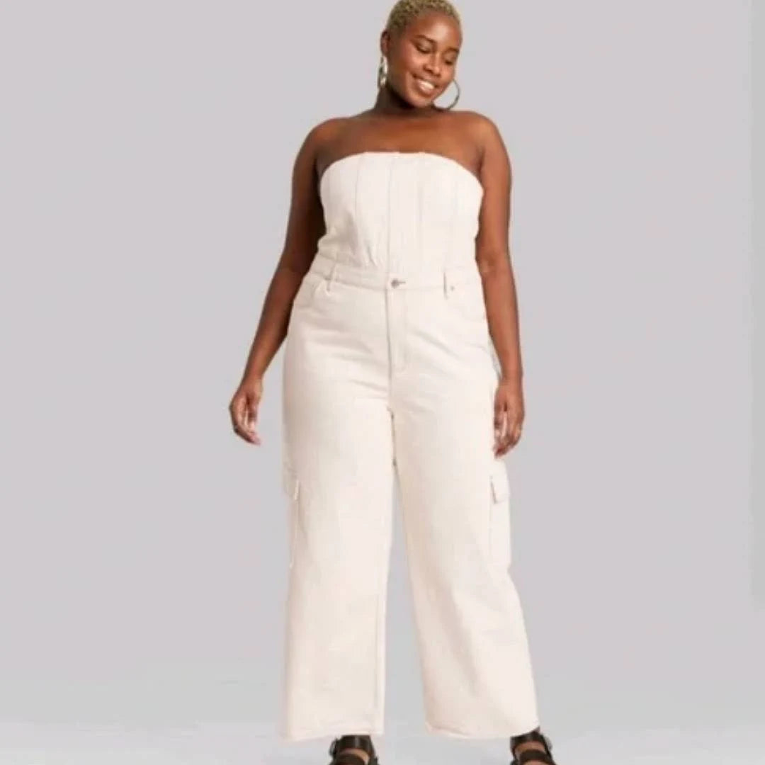 Beige Denim Wild Fable Strapless Jumpsuit - XL