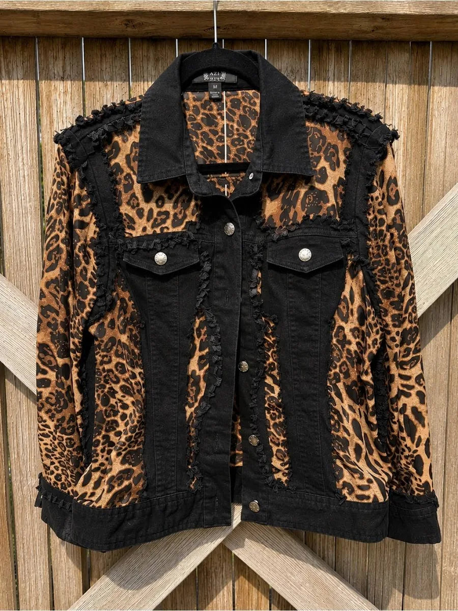 A.Z.I NY Black Raw Edge Denim Leopard Print Jacket - XL