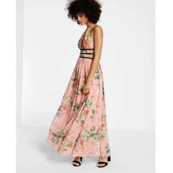 Express Coral Pink Strappy Tropical Floral Print Cut Out Maxi Dress-L