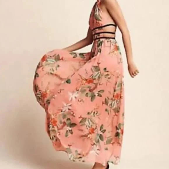 Express Coral Pink Strappy Tropical Floral Print Cut Out Maxi Dress-L